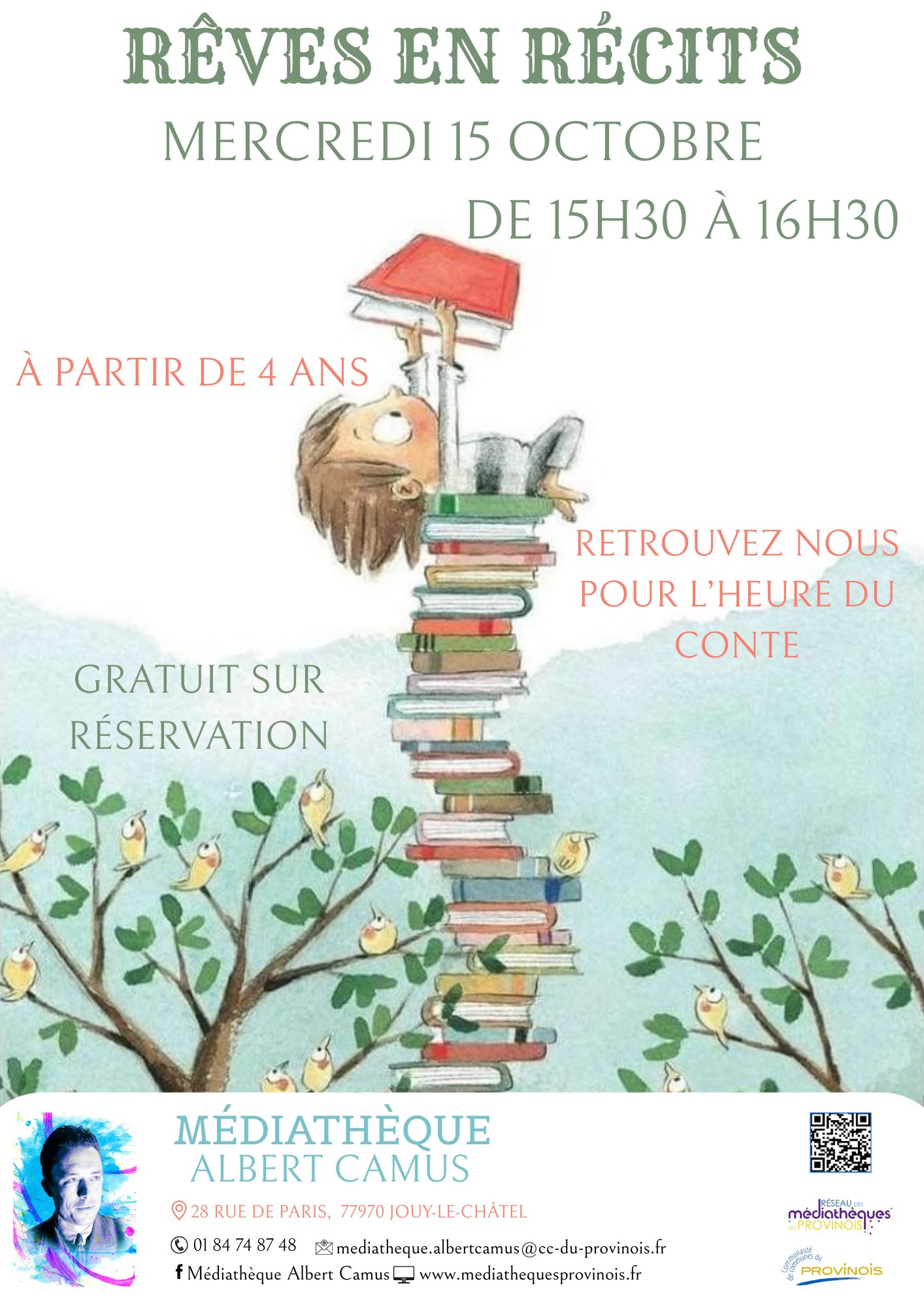 Affiche montrant un enfant qui lit un livre sur une pile de livres 
